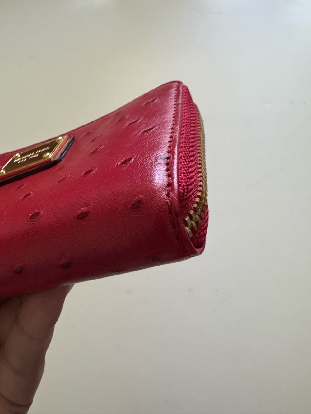 Michael Kors Red Ostrich Leather Small Wallet Wristlet Zip Around - Picture 5 of 8